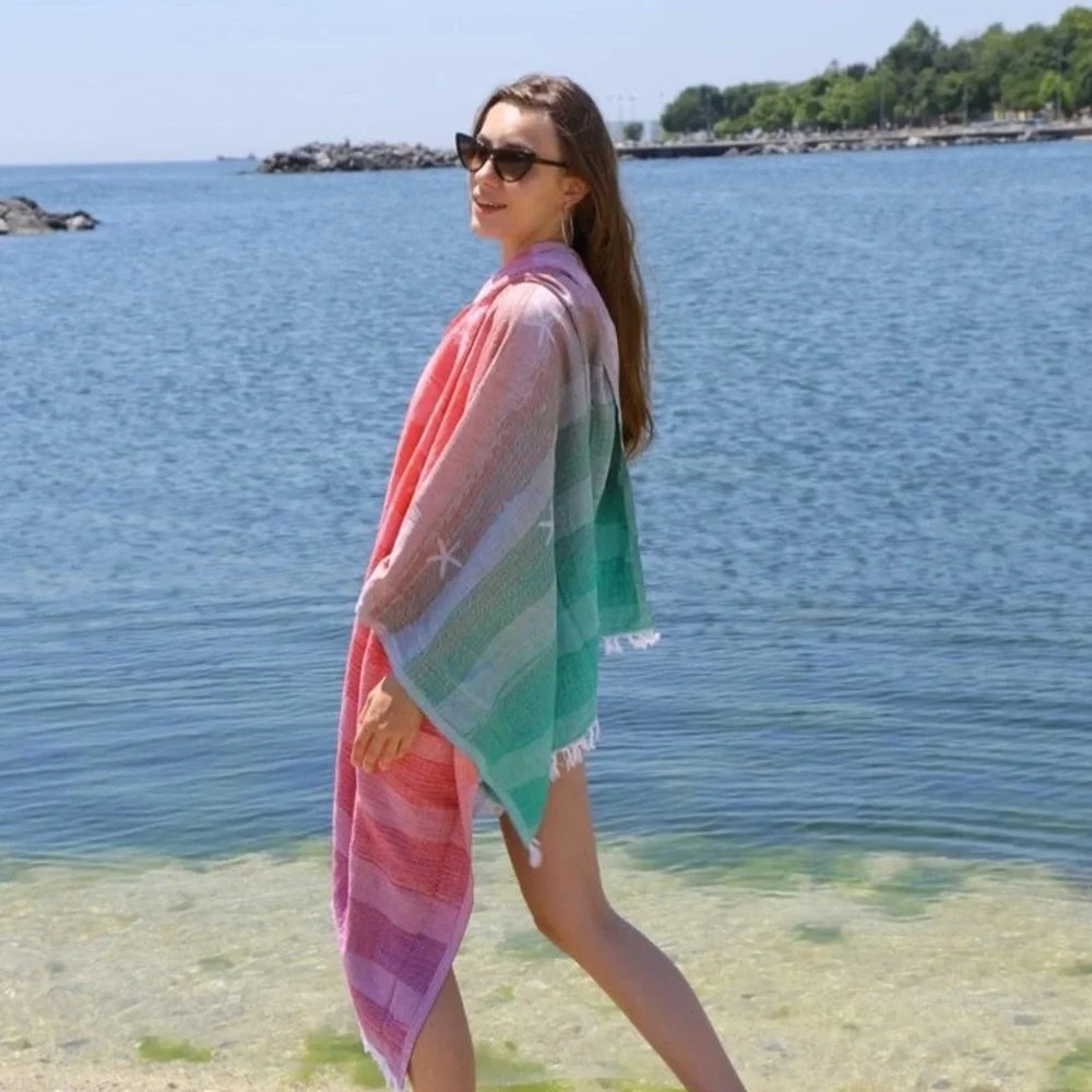 Star Fish Florida Rainbows Woven 2 Side Rainbow Scarf Wrap Blanket Towel NEW